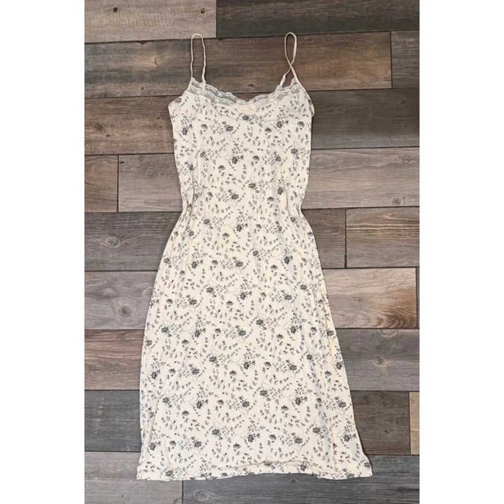 Vintage White And Black Floral Slip Dress with Lace Trim